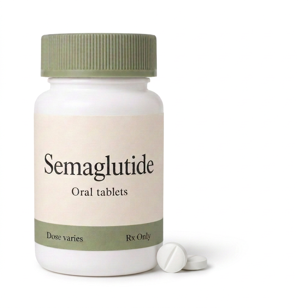 Oral semaglutide bottle with two tablets